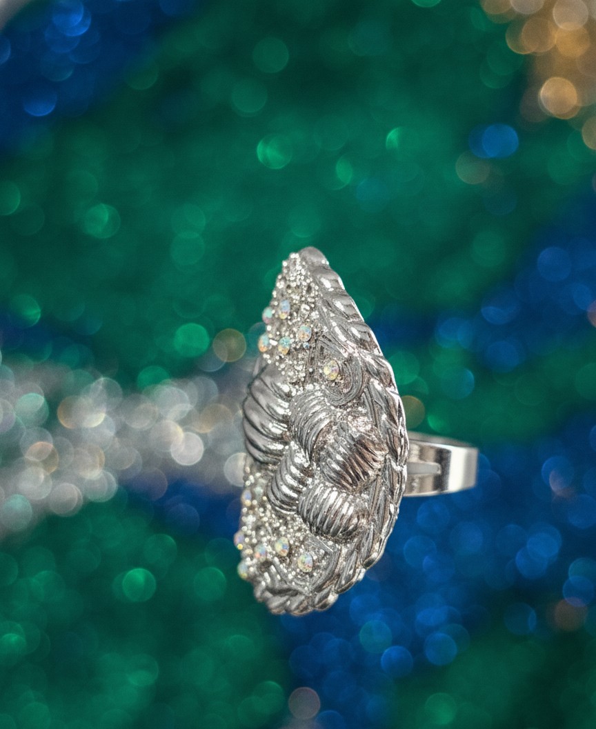Ladies Bold Free Size Silver Stoned Ring