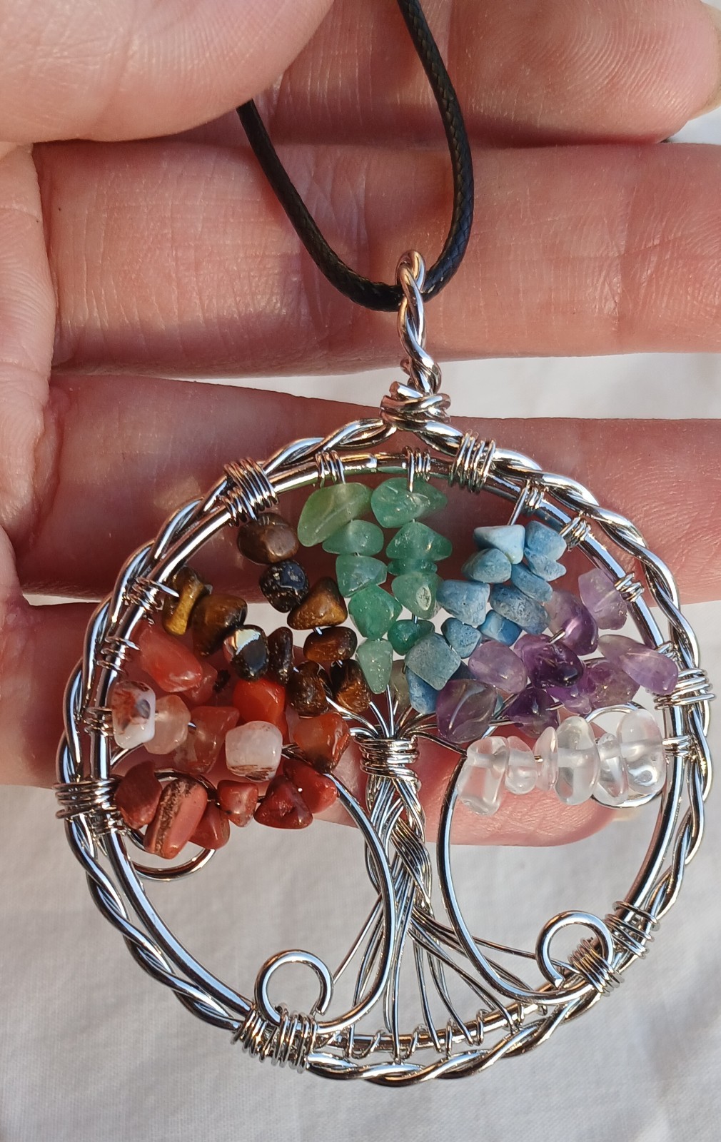 Natural Crystal Tumbled Stone Chip Colorful Tree of Life Pendant Necklace
