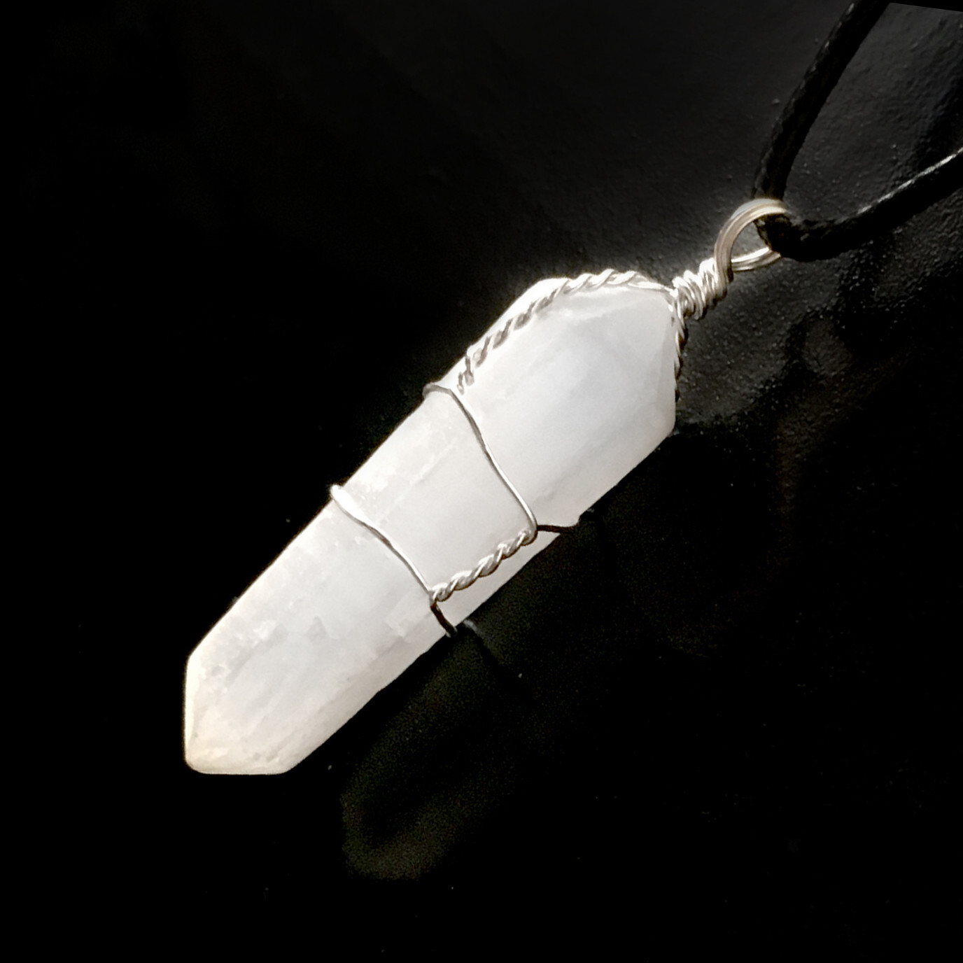 Natural Polished Selenite Crystal Pendant Wrapped Double Point Necklace Reiki