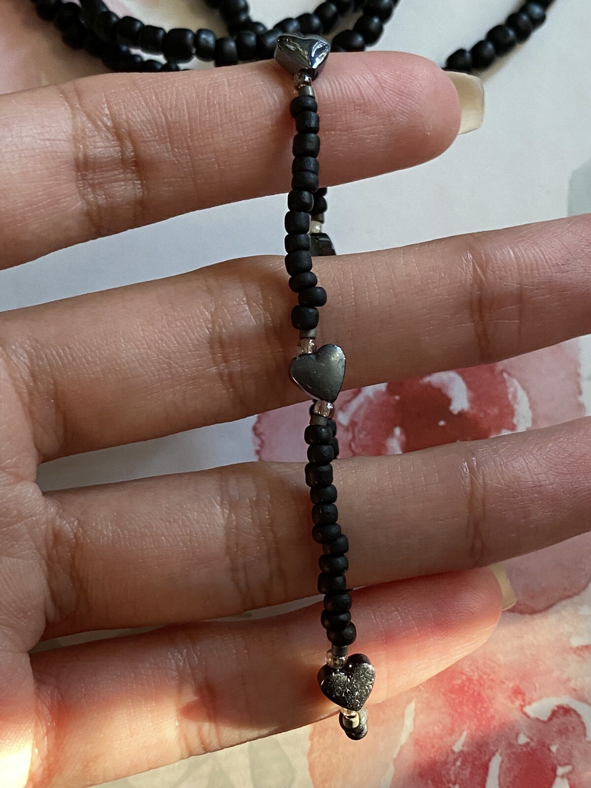 7in MATTE Black & Gray Heart Stretch Bracelet Glass Seed Beads 8/0 11/0 Toho