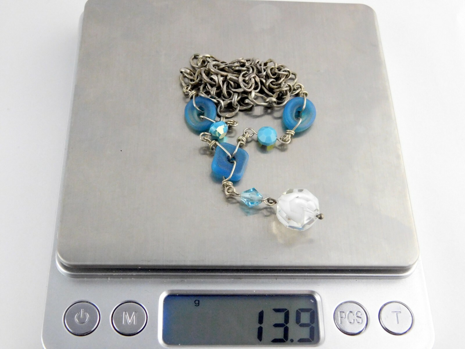 Silver Tone Metal and Art Glass Beaded Pendant Necklace Hook Clasp 17.5 Inches