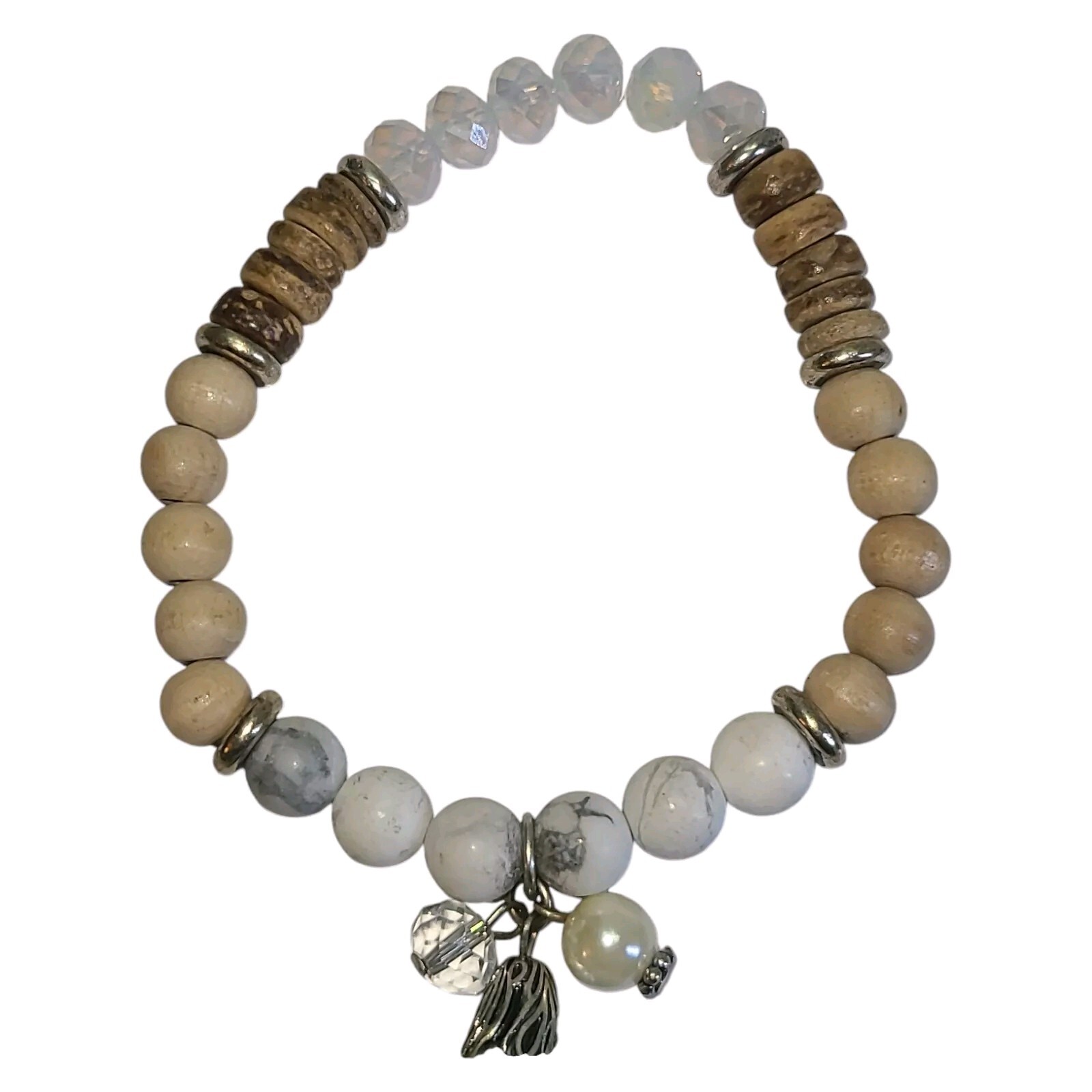 Fabric Tassel Crystal Wood & Stone Beaded Stretch Bracelet