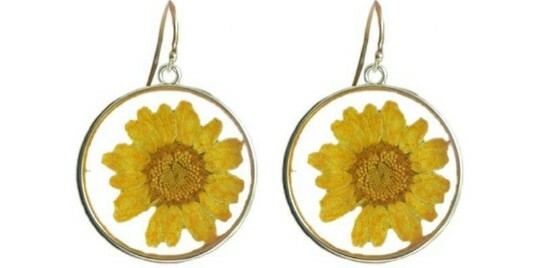 Real Dried flower Earrings Pressed Sunflower yellow 90s dangle gold rim