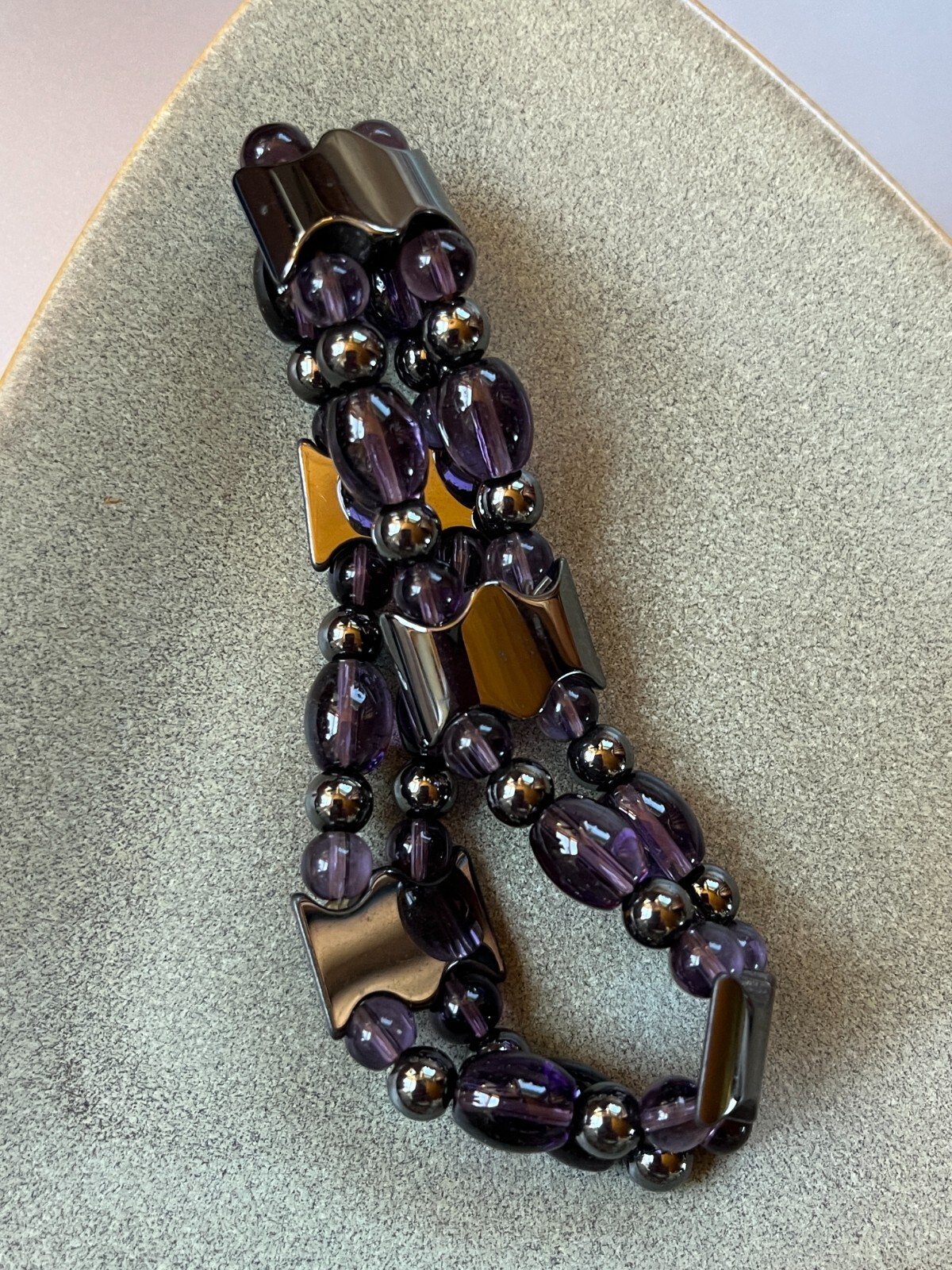 Hematite Scalloped Rectangle Round & Dark Purple Barrel & Round Bead Stretch Bra