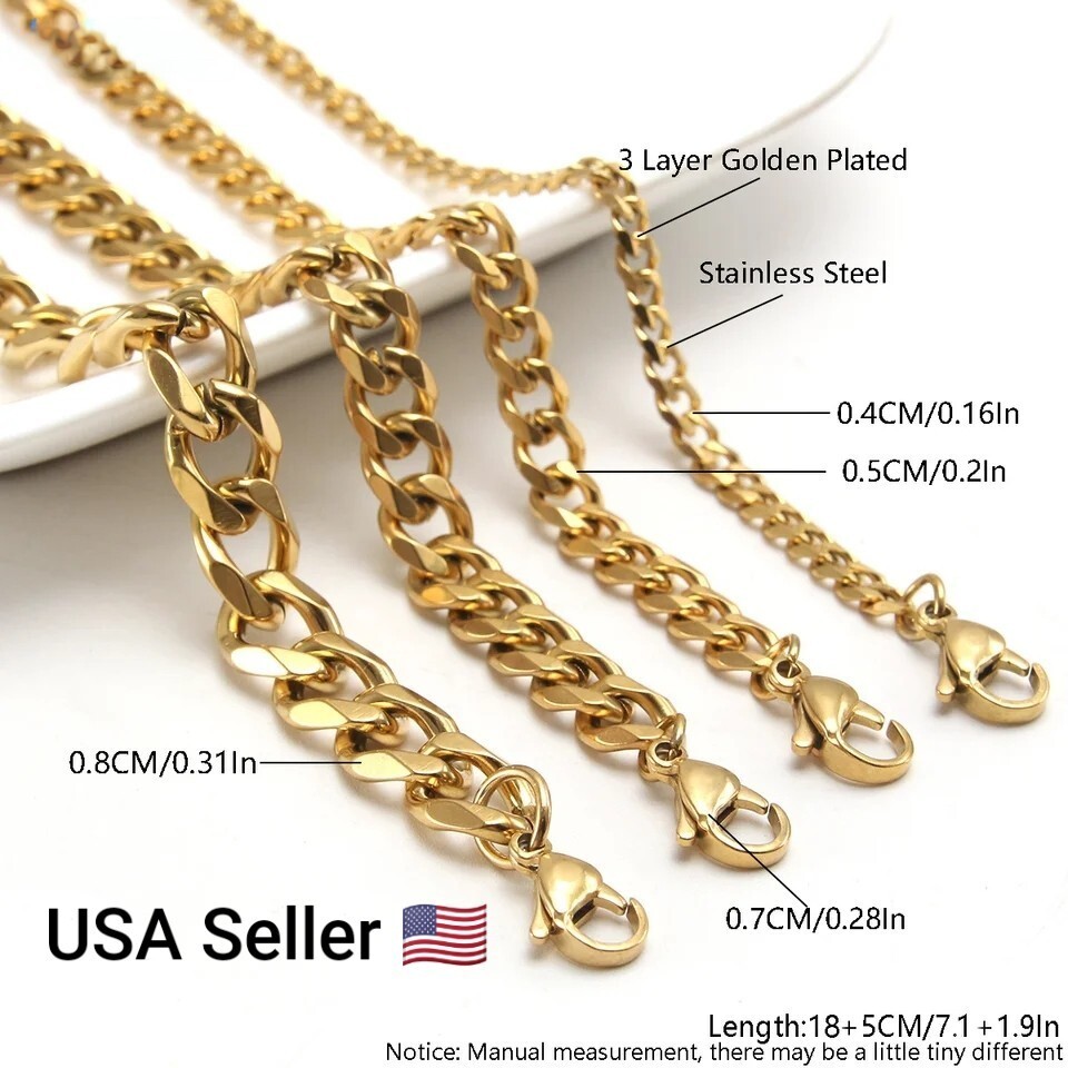4/5/7/8MM Width Bracelets Stainless Steel Classic Cuban Chain Gold Plated Unisex