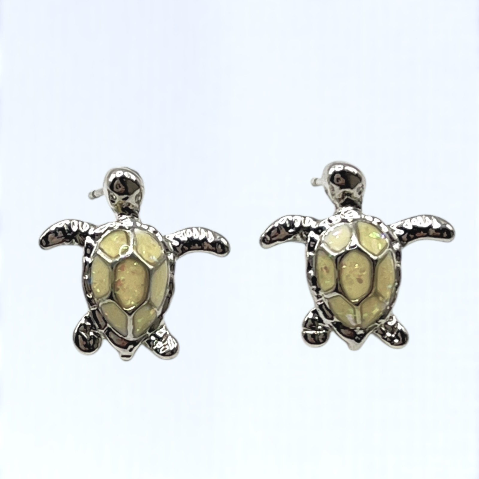 Sea Turtle Earrings Stud Silver Tone Cream Glitter Inlay Beach Tropical Vacation