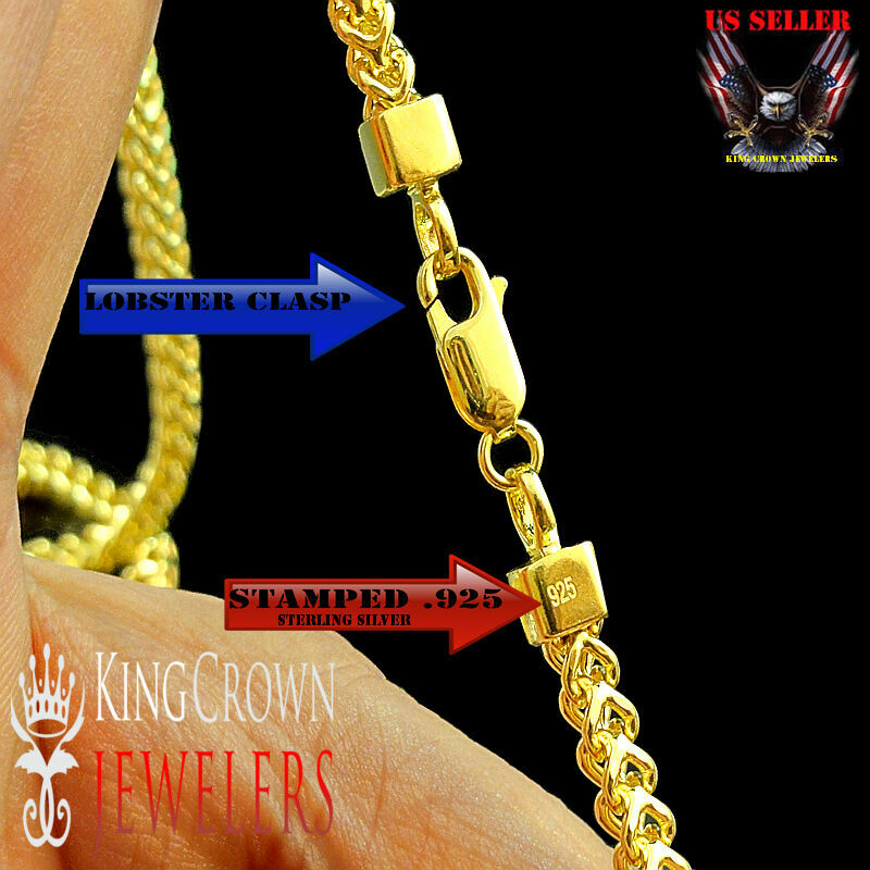 Mens Pure 925 Sterling Silver Yellow Gold Finish Franco Style Chain Necklace 4mm