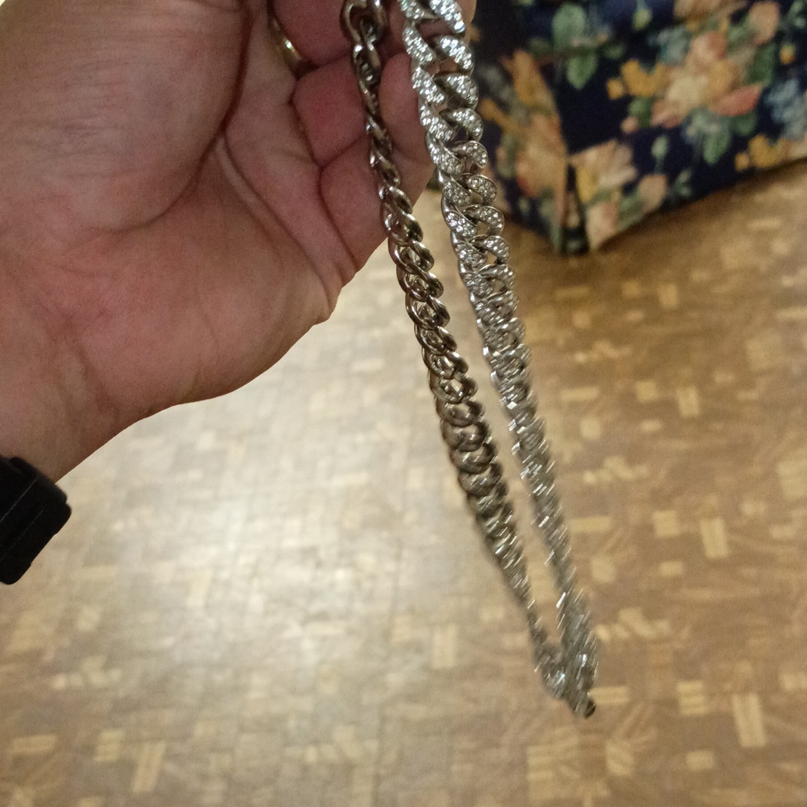 Silver-Tone Cuban Link Chain Necklace Clear Pavé Rhinestones Box Clasp