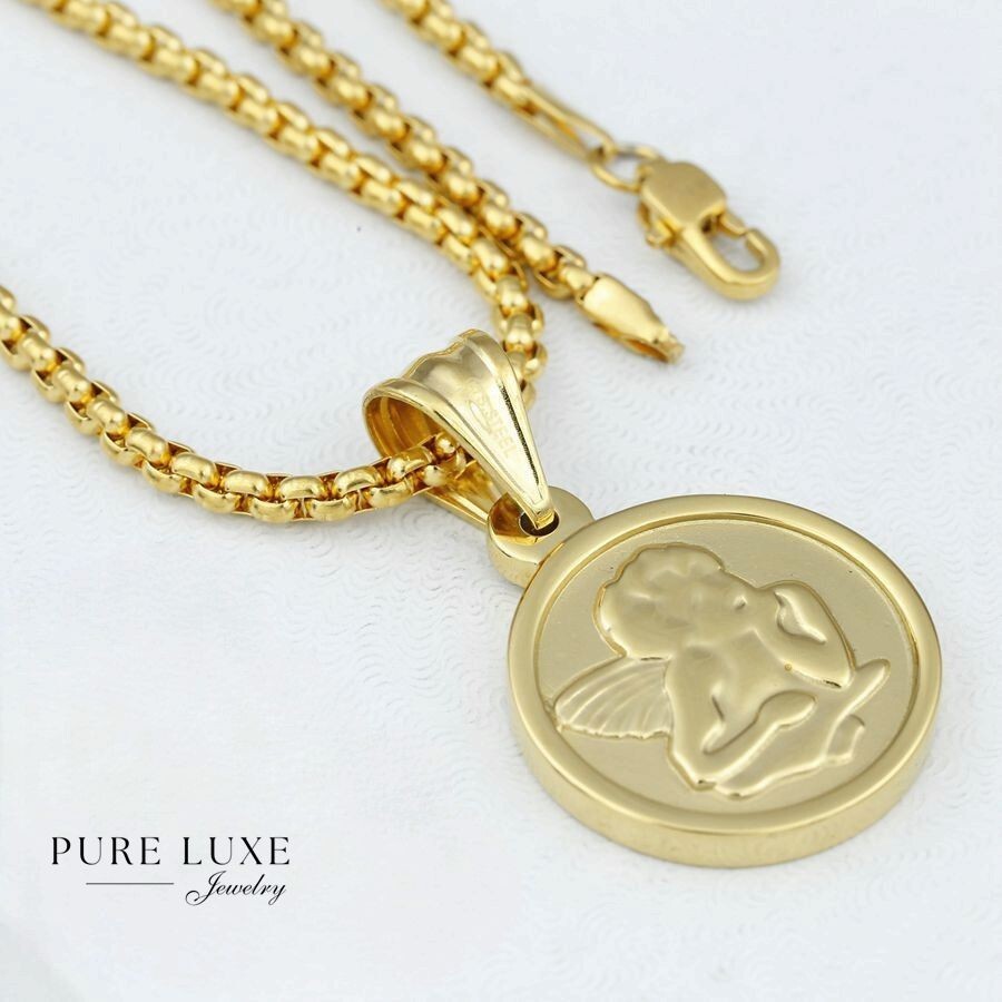 18″ Stainless-Steel Mini.Box Necklace,ANGEL,Pendant,Unisex Gold plated*BOX