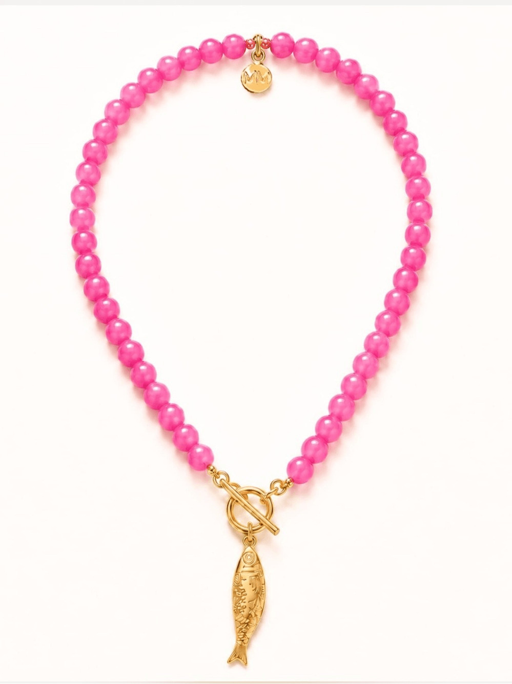 Pink Beaded Necklace with Gold Fish Pendant toggle