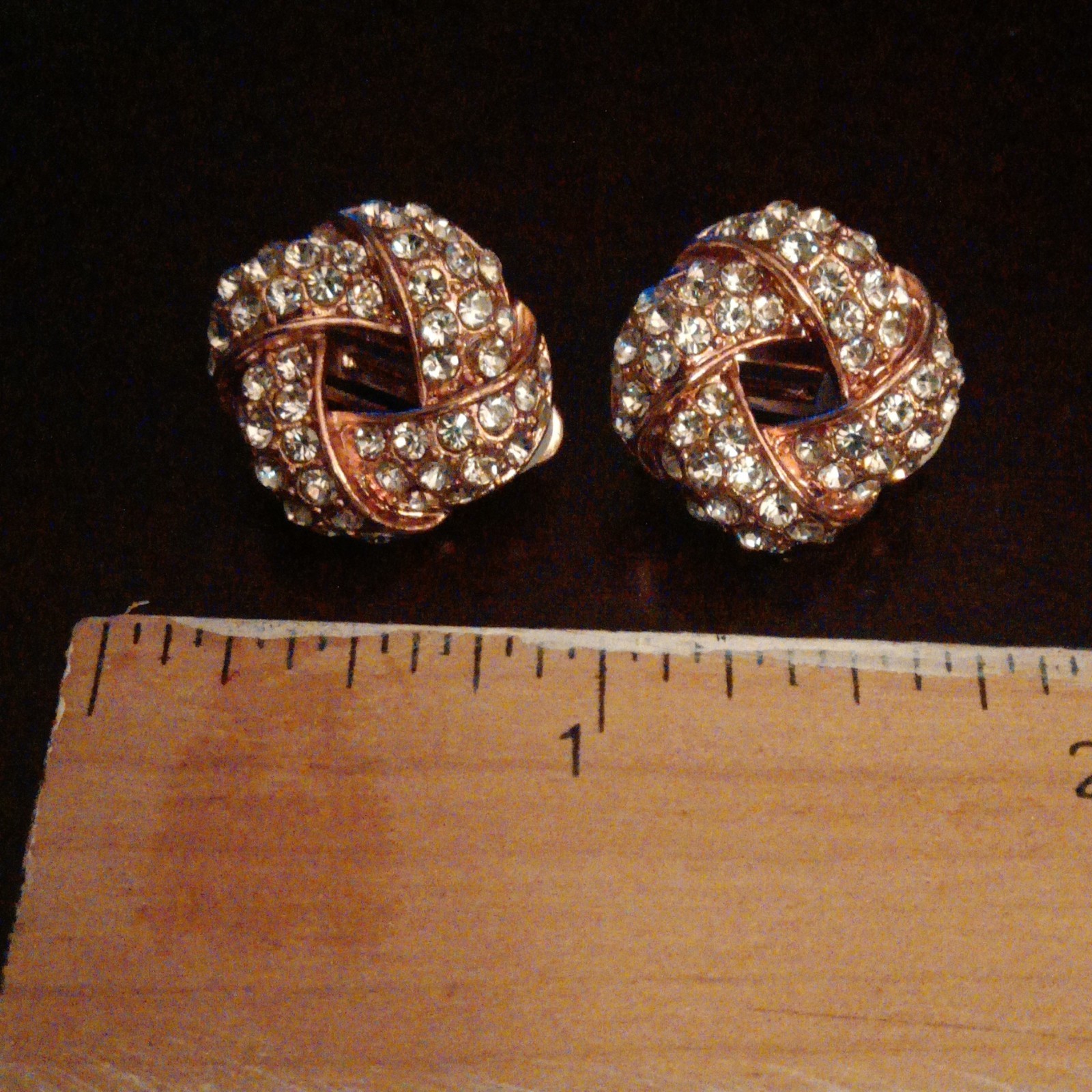 Gold-Tone Knot Clip-On Earrings Rhinestone Round Pavé Metal 1 in Diameter