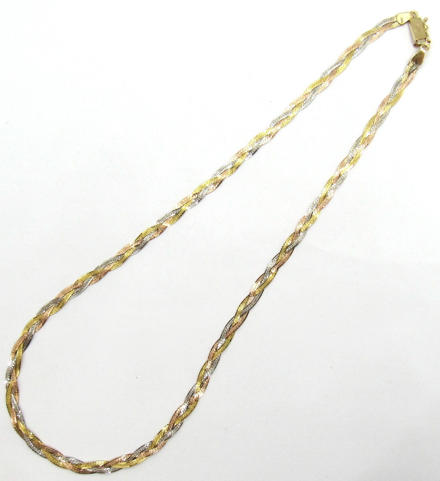 14K TRI-COLORED YELLOW ROSE & WHITE GOLD TWISTED BRAIDED HERRING FLAT NECKACE