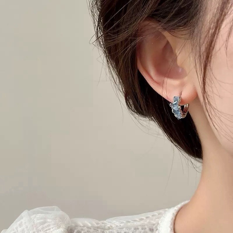 Blue Crystal Hoop Earrings Dainty Silver CZ Huggie Earrings for women 383