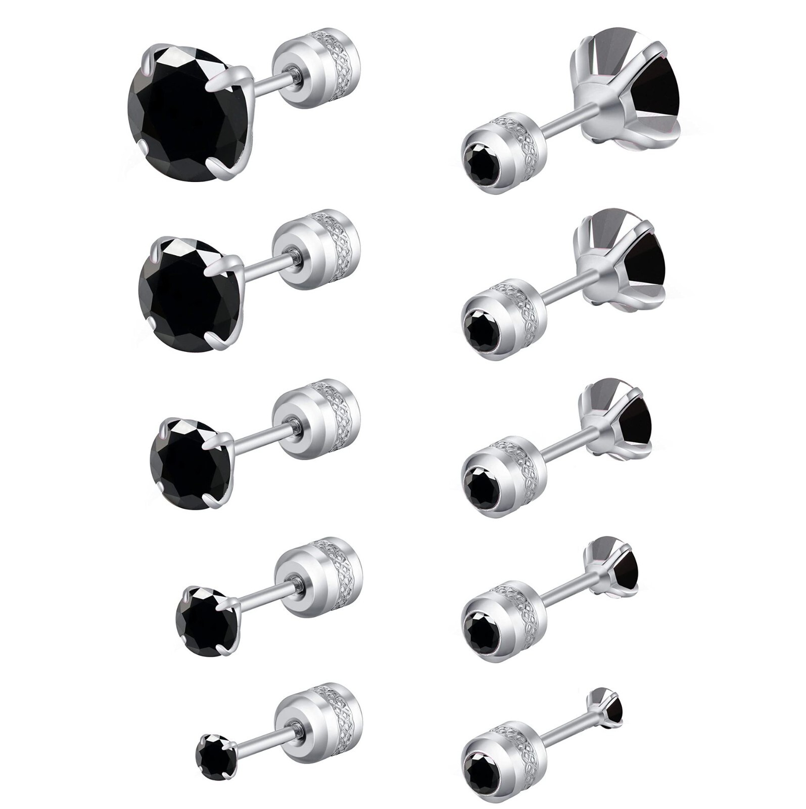 Women Men Silver Stainless Steel Round Black CZ Stud Earrings Screw Back Gift