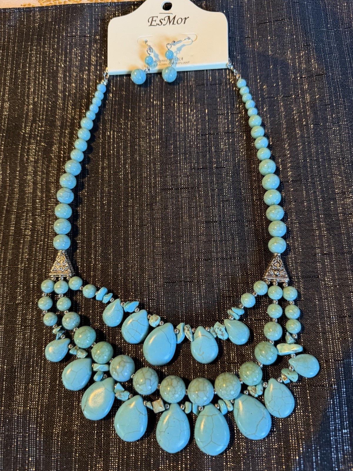 Beaded Multi-Strand Teardrop Faux Stone Statement Necklace w/ Earrings