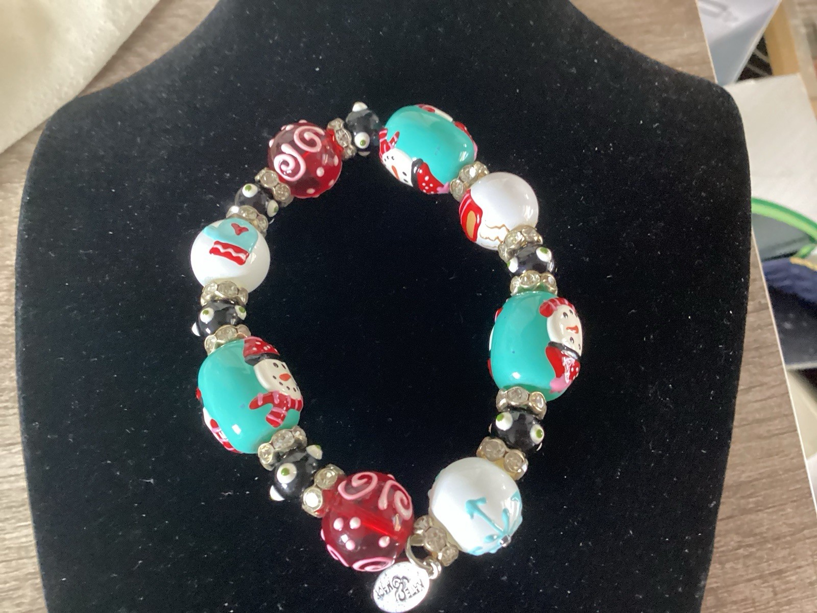 Kate /Macy Snow Fun Design Painted Glass /Acrylic Beads Rhinestones Bracelet