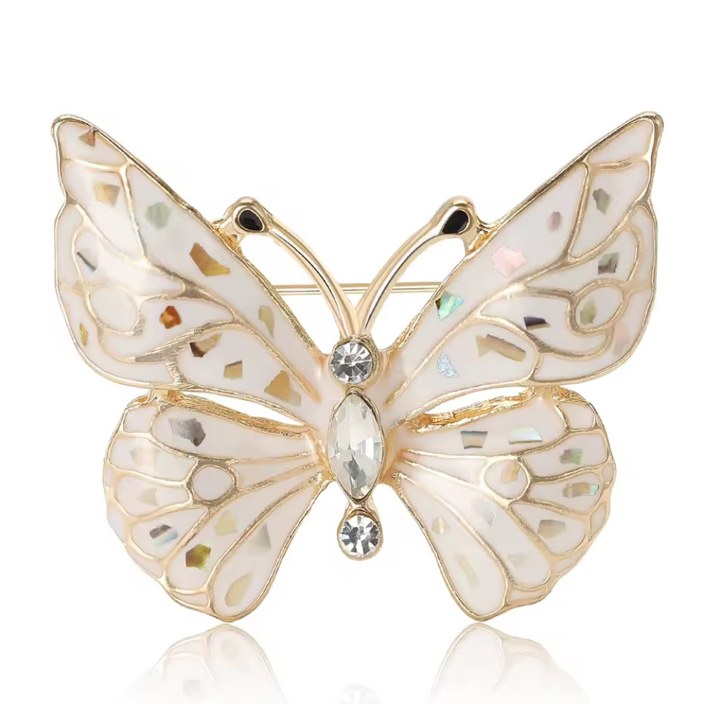 Sparkly White Shell Butterfly Brooch Rhinestone Gold Spring Summer Jewelry Gift