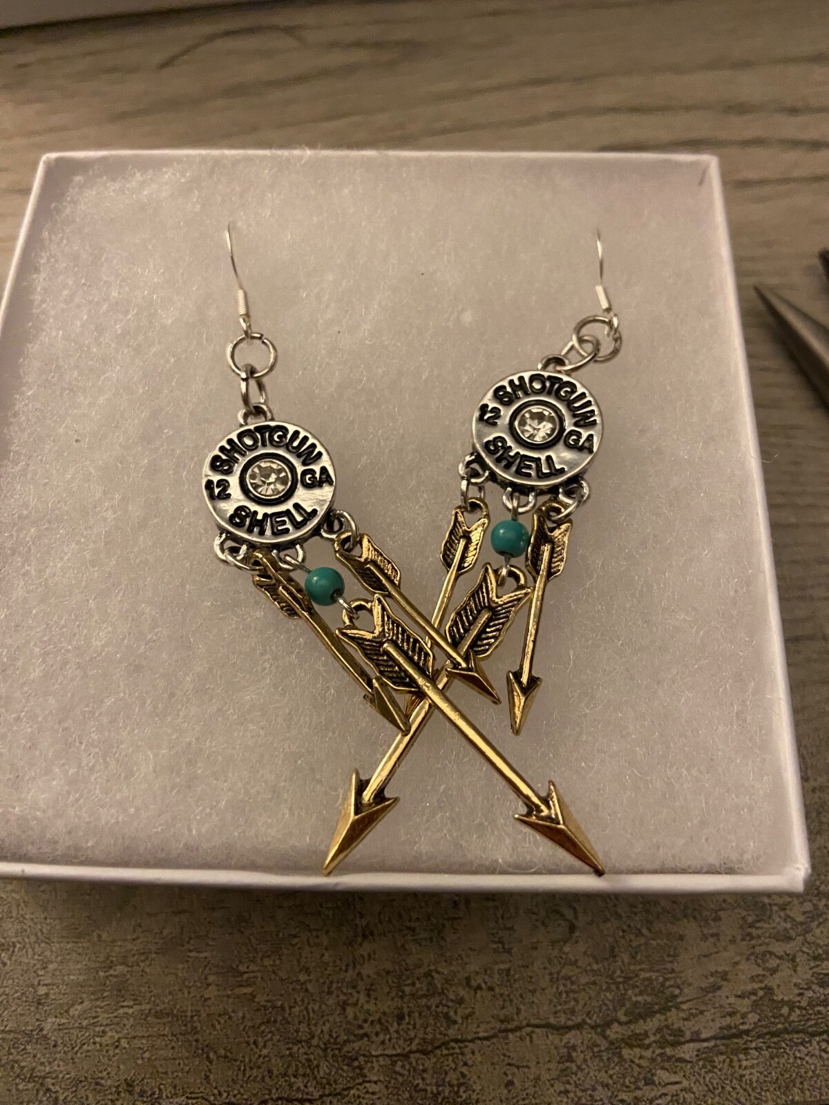 Shotgun shell arrow earrings silver tone rhinestone dangle New long 3.25″