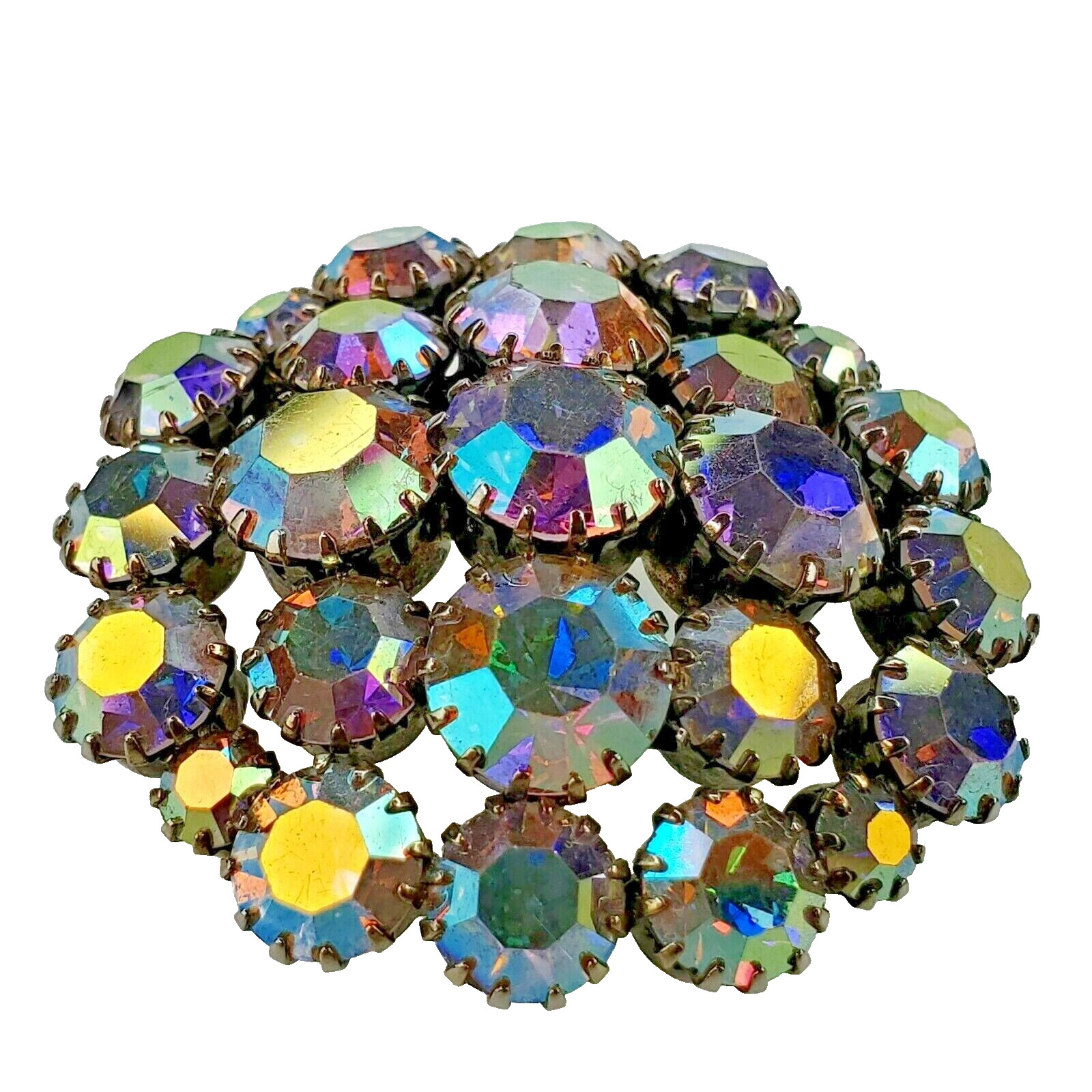 Statement Brooch Pin Areola Borealis Rhinestone Round Dome Encased Faceted