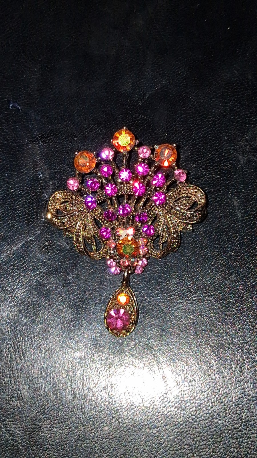 Gold Tone Metal Floral Dangle Brooch Pin, Purple & Orange Crystal Rhinestone