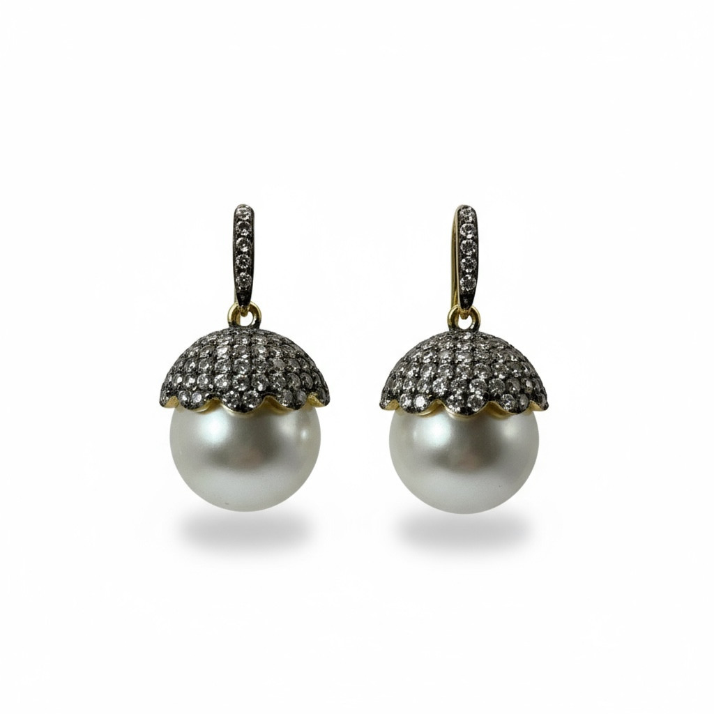 Freida Rothman Lustre Pavé Pearl GP Sterling Silver Drop Earrings NEW $295