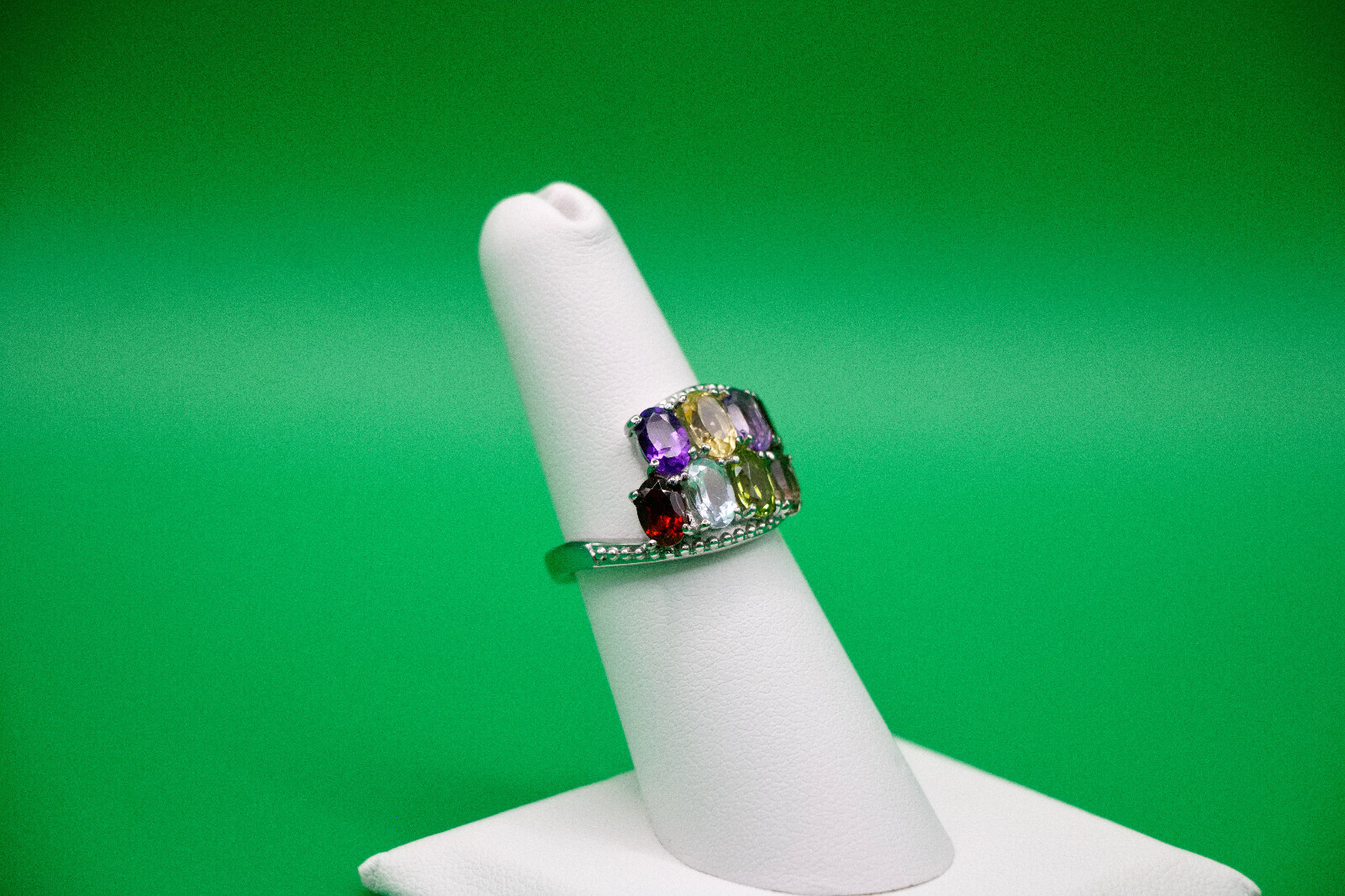 Multi Gemstone (Topaz, Garnet, +5) Bypass Ring Stainless Steel 3.90 ctw Sz. 6.0