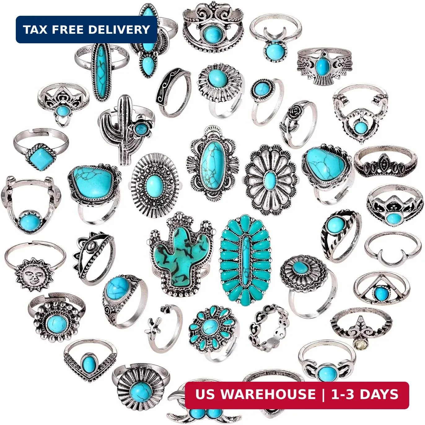 BVGA 36-40 Pcs Vintage Silver Knuckle Rings for Women WesternTurquoise Rings Boh