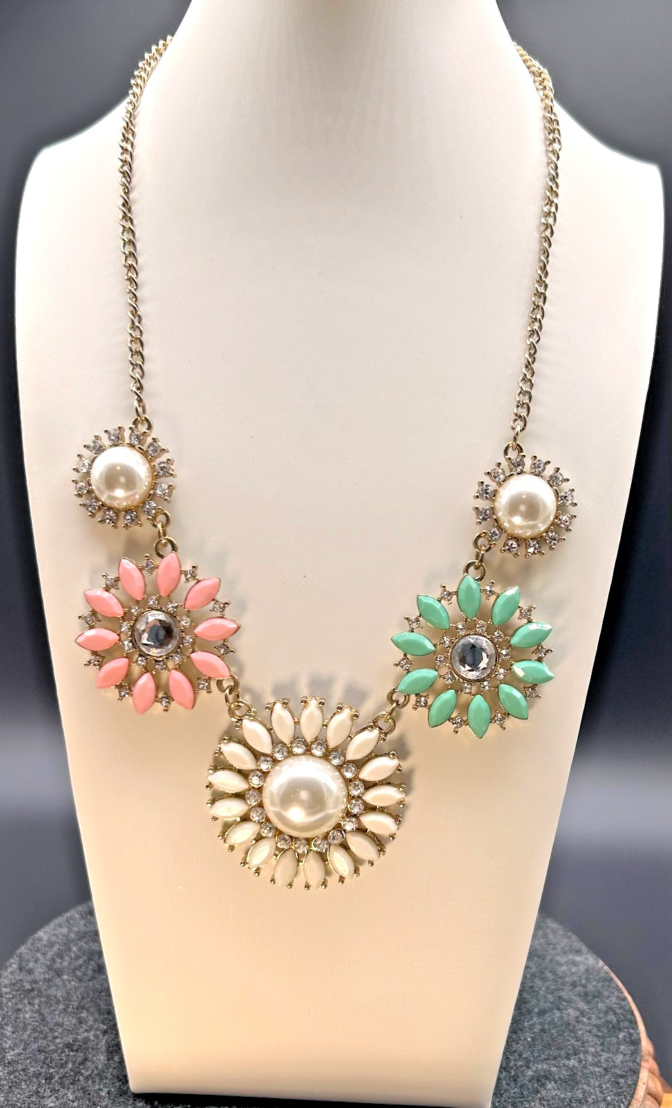 Bold Floral Bib Statement Necklace Pink Mint White Cream Pearl Rhinestones