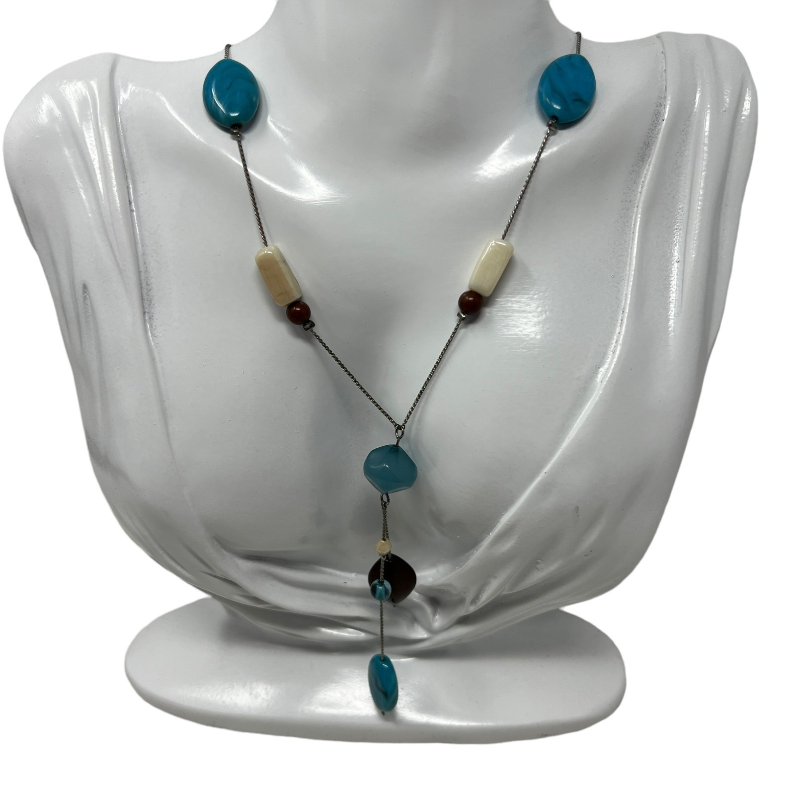 Silver Tone Necklace Teal Blue Tan Beads Lariat Choker