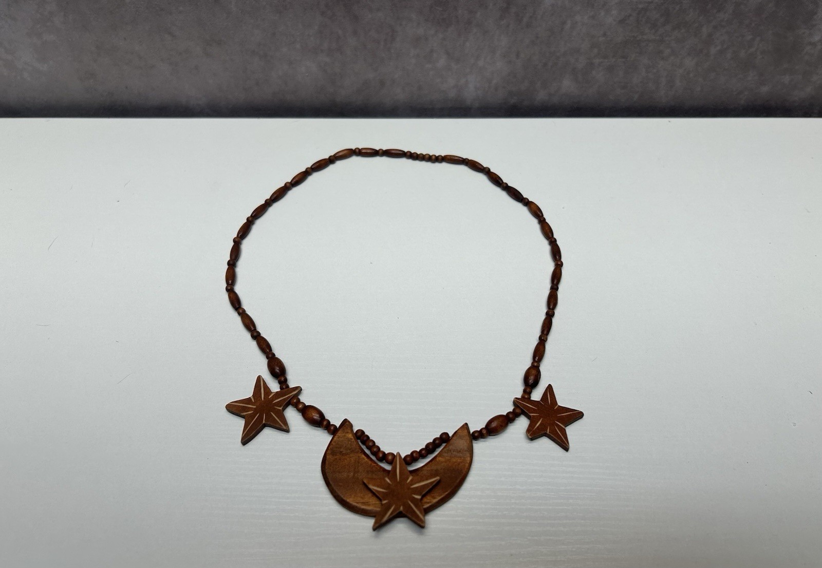 Handcrafted Wooden Star & Moon Necklace With Stars & Moon 13.5”