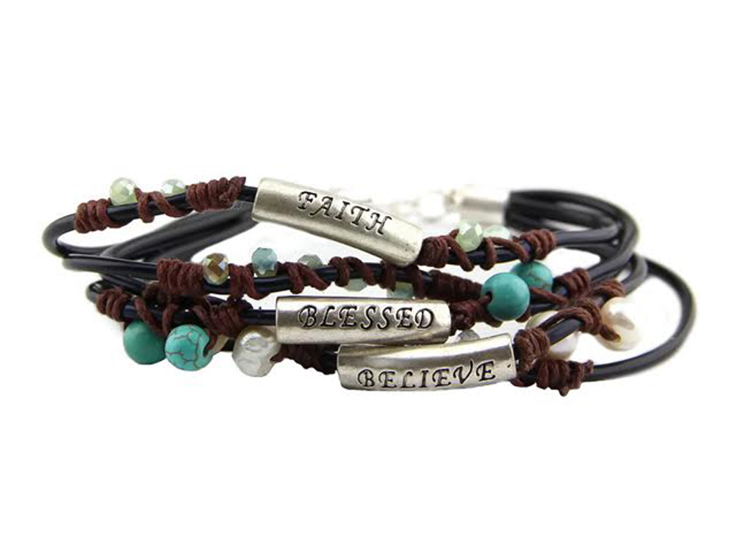 4030774 Faith Believe Blessed Strand Bracelet Beaded Knotted Cord Wrap