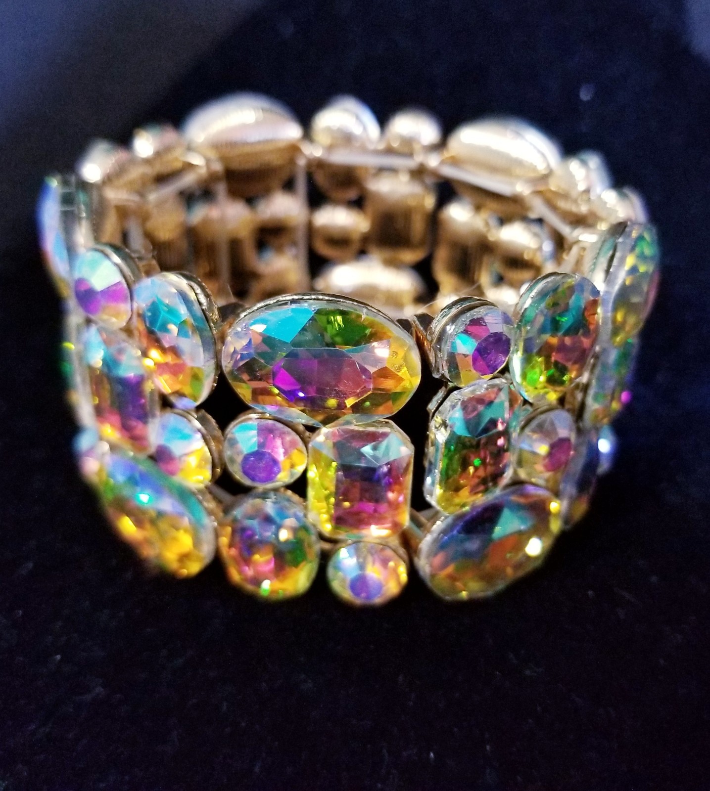 Iridescent Gold Rhinestone Stretch Bracelet Statement Drag Pageant Prom Bridal