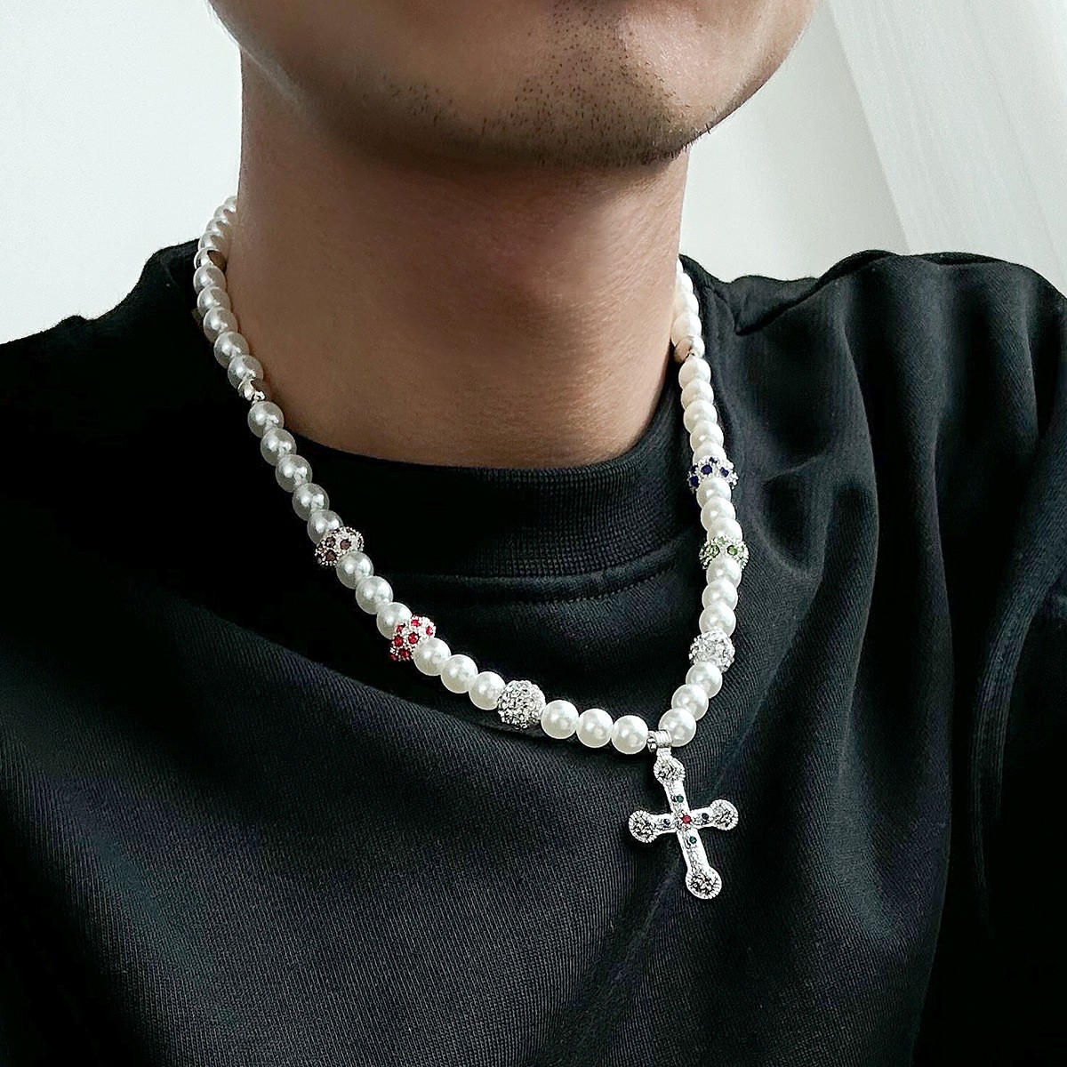 Alloy Imitation Pearl Cross Necklace Men Cubic Zirconia Beaded Pendant Jewelry