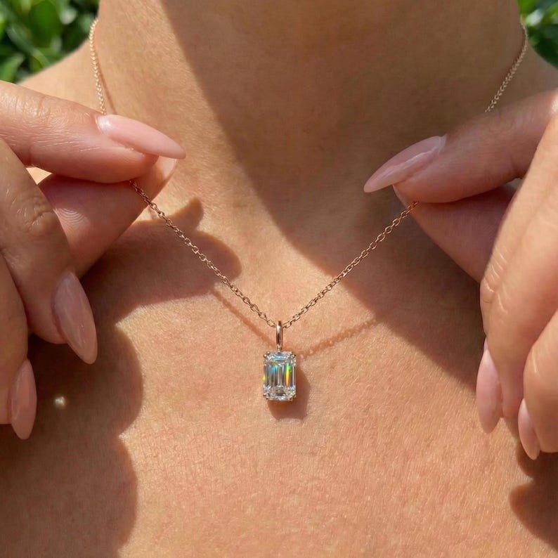 Solitaire Emerald Cut Moissanite Double Prong 10k Solid Gold Pendant For Her