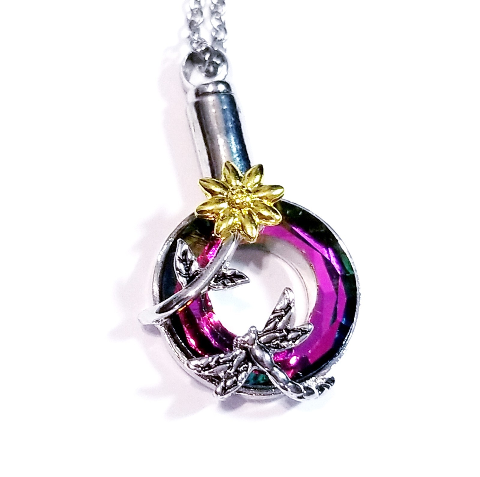 Silver Tone Urn Cremation Memorial Necklace Dragonfly Pendant for Ashes Purple