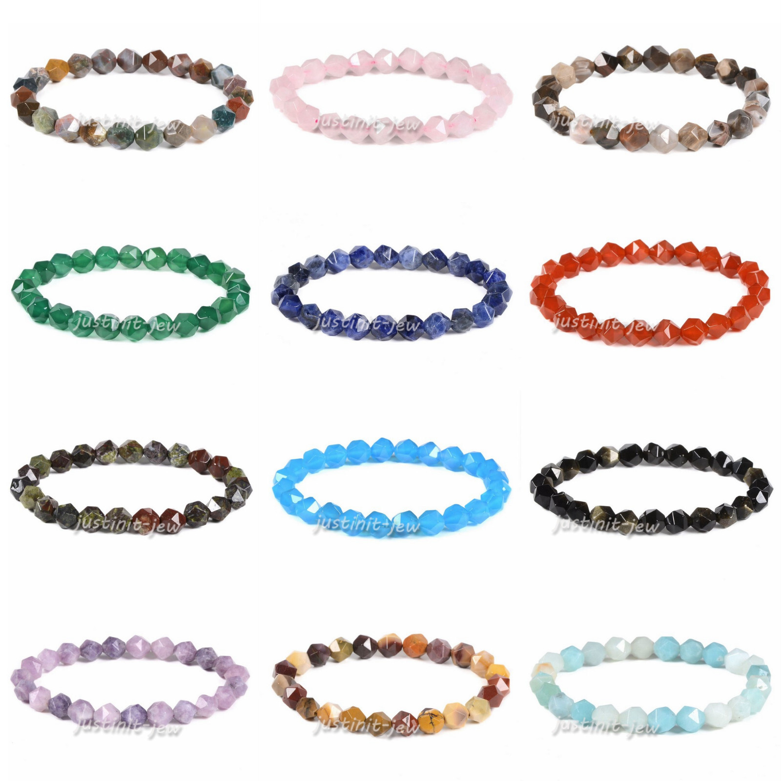 8mm Natural Gemstone Round Beads Triangle Faceted Charm Stretch Bracelet 6.5″