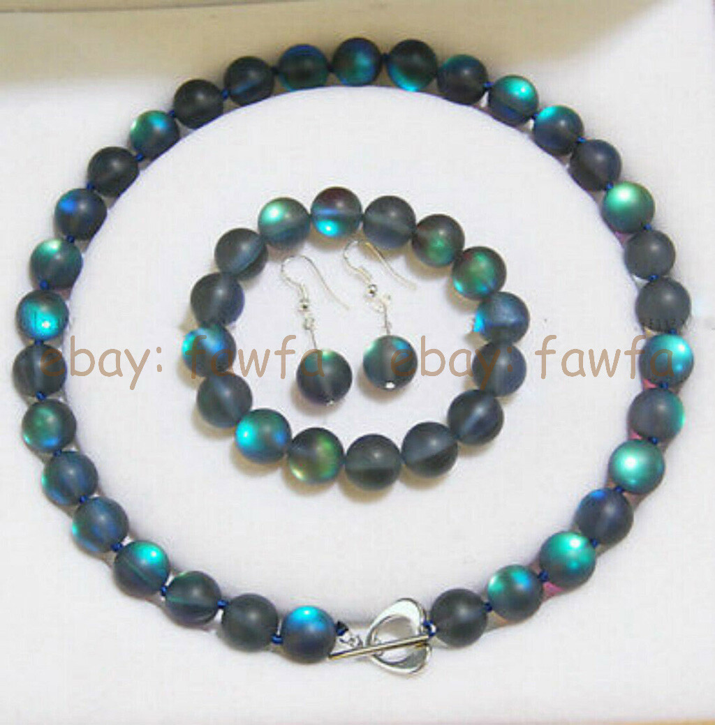6/8/10/12mm Gray Round Gleamy Rainbow Moonstone Necklace Bracelet Earrings Set