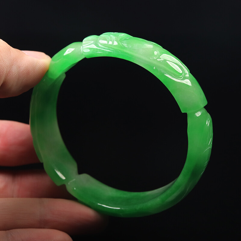 59mm Emerald Green Jadeite Jade Bangle Bracelet Hand-carved Dragon Phoenix 11991