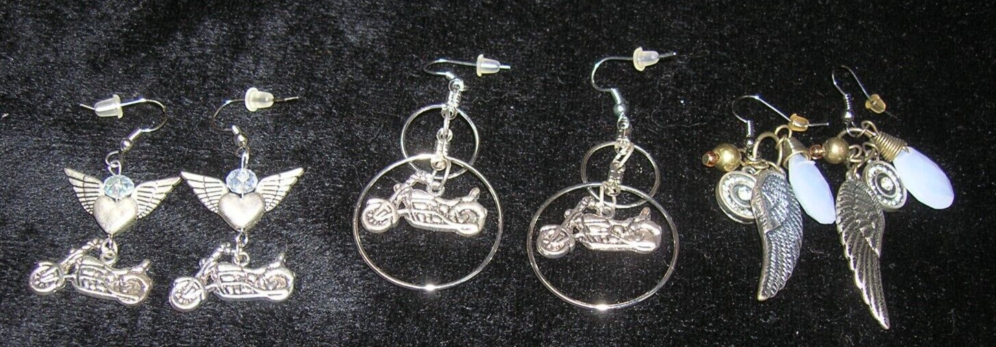 3 New Hand Made Earrings-Motorcycles-Costume Jewelry-Approx.2″ Long Silver Color