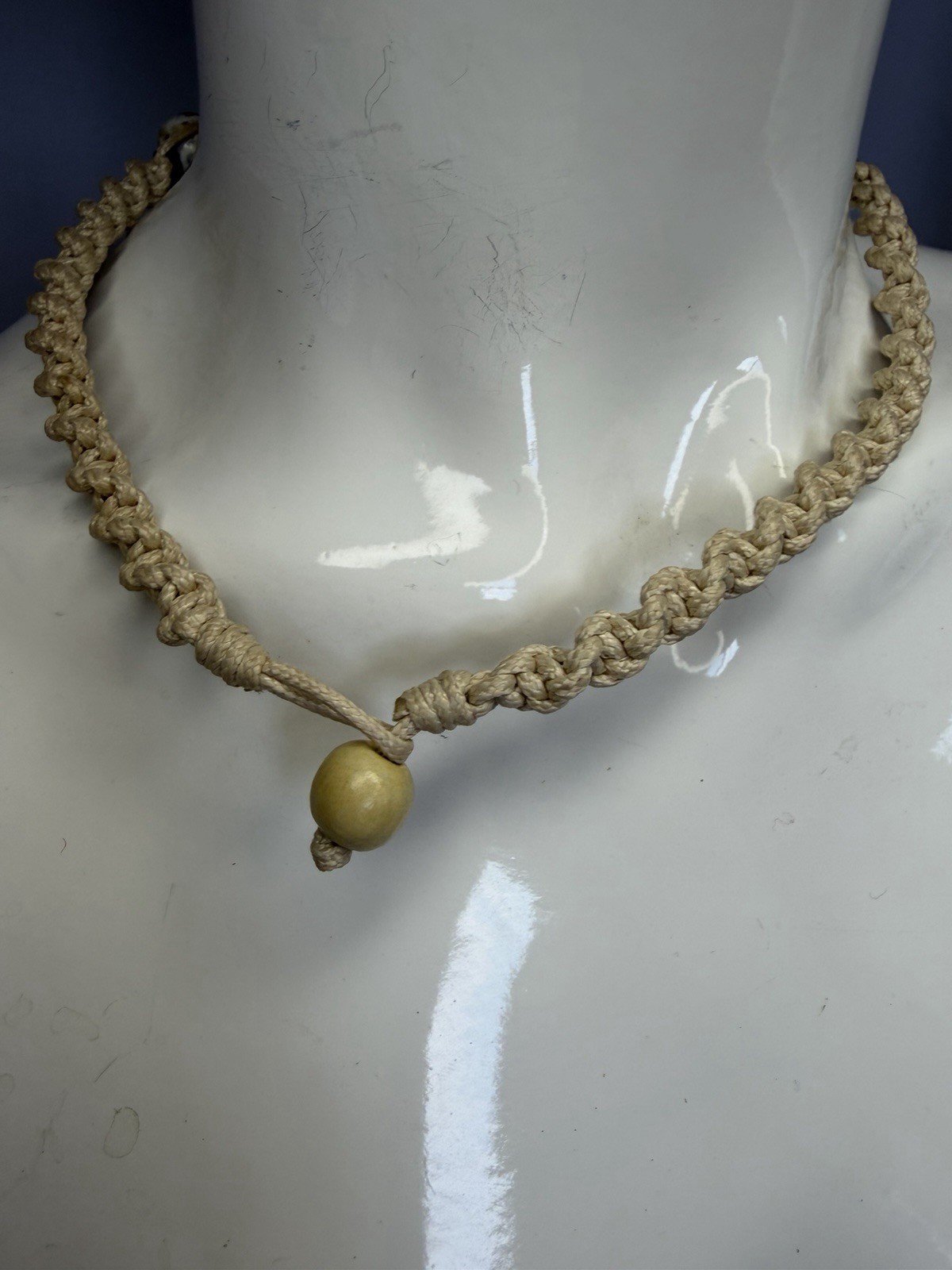 Vintage Macramé Rope Choker Necklace Ceramic Beads Boho Beach Natural Fiber Adju
