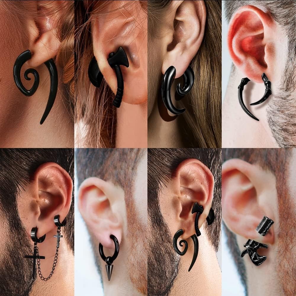 15 Pairs Punk Style Earrings Set for Women and Men, Black Stainless Steel Gothic
