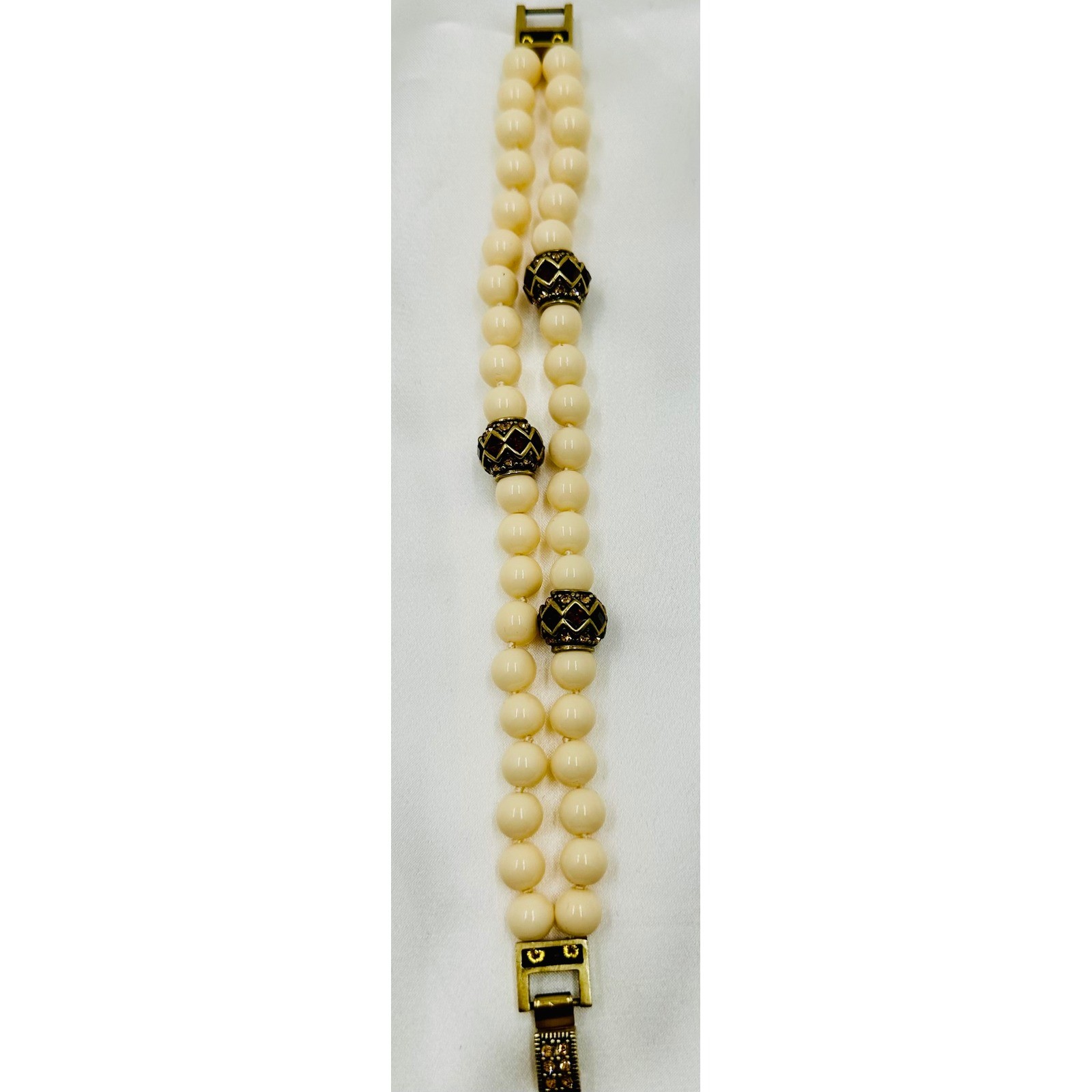 Heidi Daus Cream Faux Pearl Double Strand Bracelet Bronzetone Crystal Clasp 8in