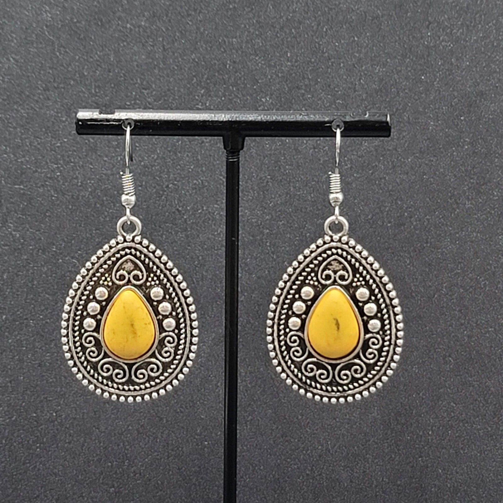 Boho Pierced Earrings Silver tone Yellow Black Center Dangle 1.5″