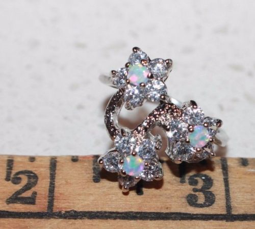 fire opal Cz ring gemstone silver jewelry Sz 6.5 7.5 cocktail engagement flower