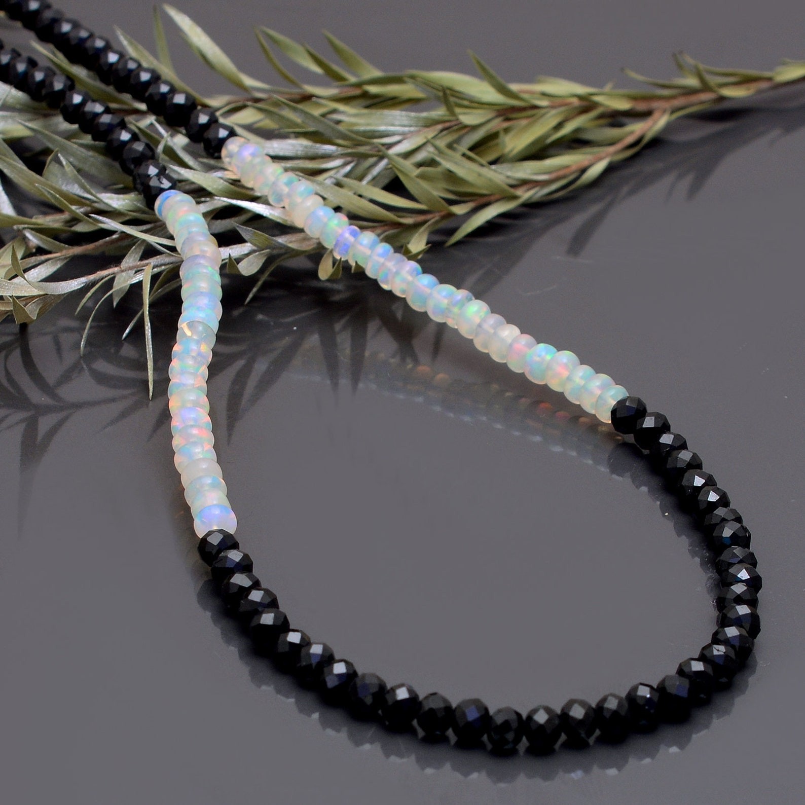 Black Spinal & Opal 2 Multi Faceted Rondelle Gemstone Beads Choker Necklace 18”