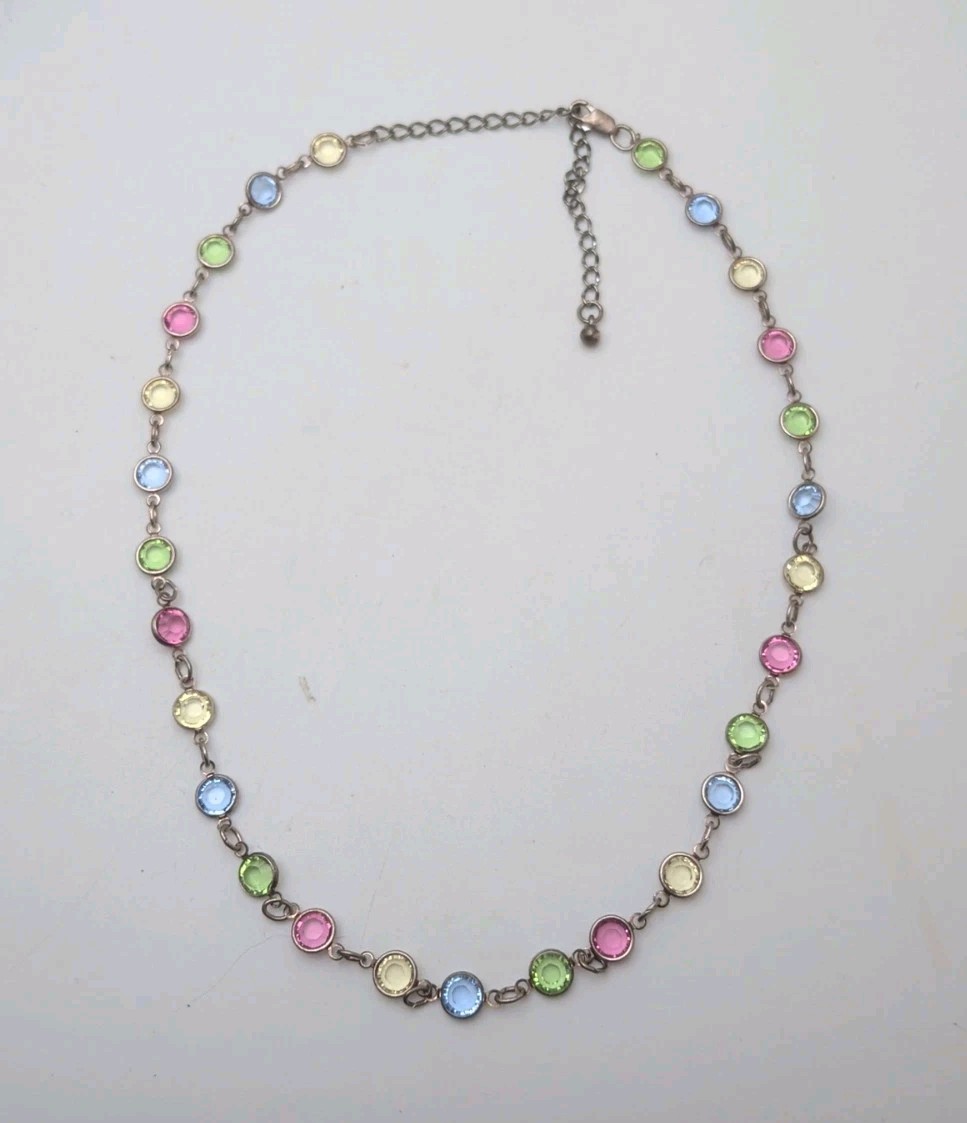 Vintage Silver Tone Chain Pastel Colors Bezel Necklace Up To 19 In