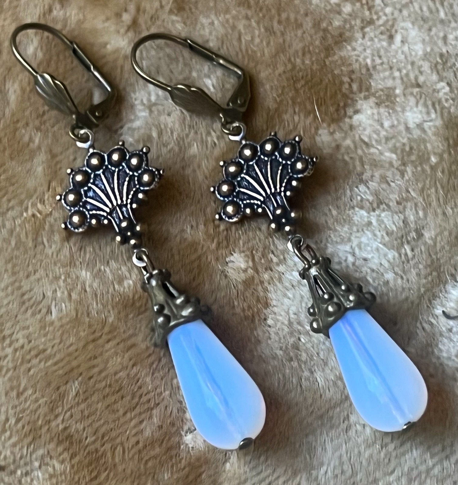 Art Nouveau Earrings Brass Filigrees Antique Opalite Czech Glass Drops