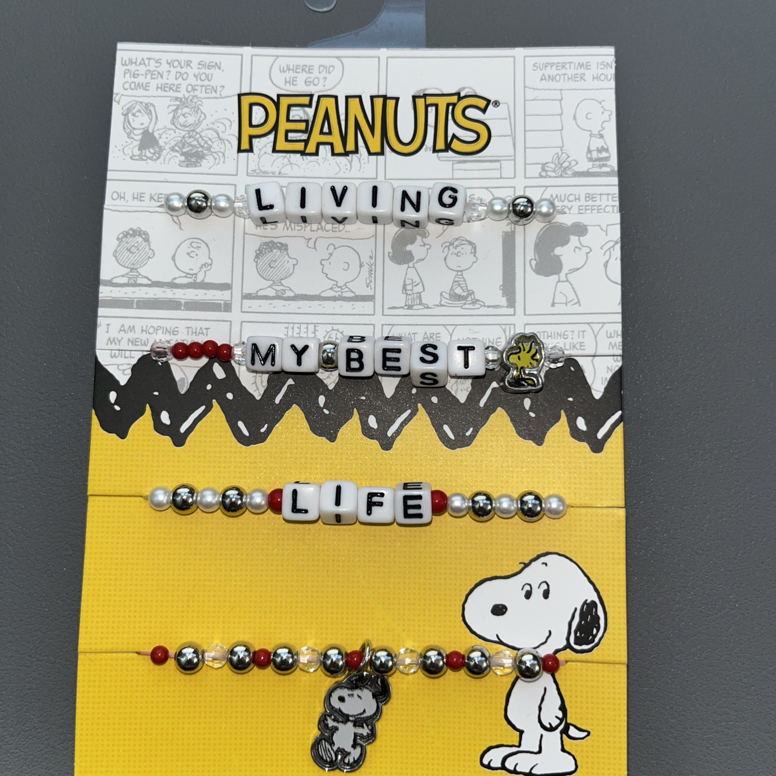 Peanuts Snoopy Living My Best Life Stretch Bracelet Set Beaded Snoopy Charm NIP