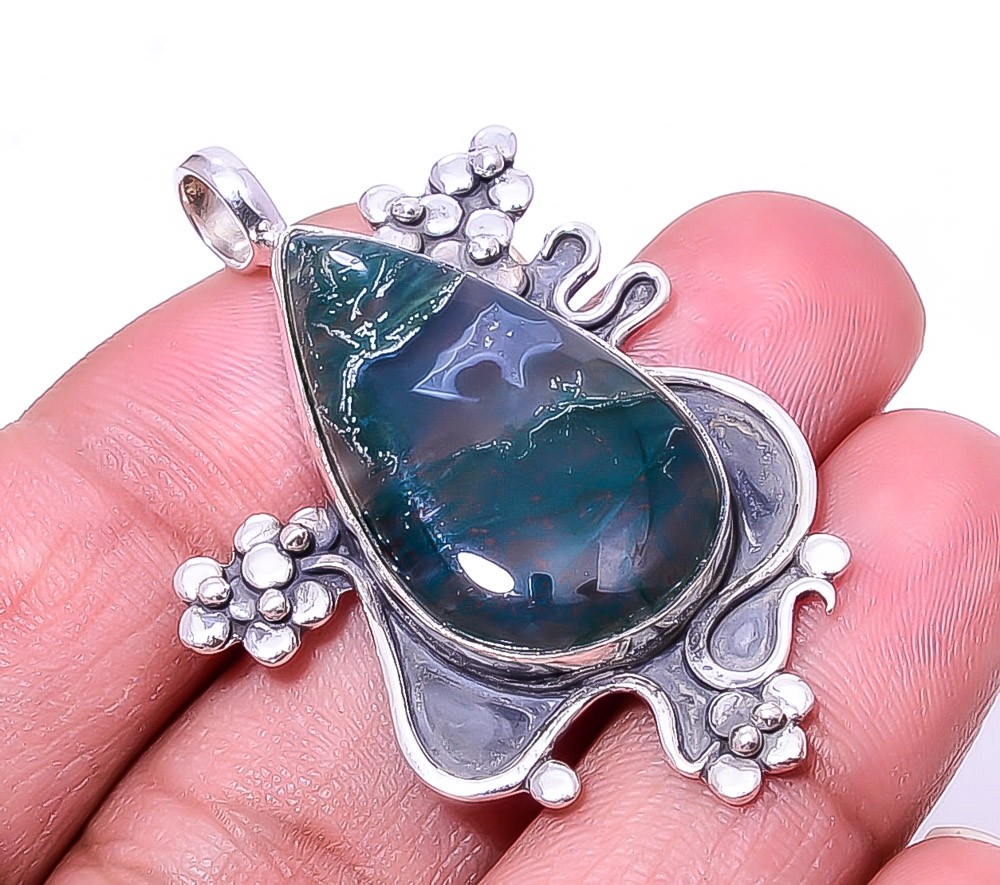 Natural Moss Agate Oxidised Designer 925 Sterling Silver Pendant 1.76″ P48