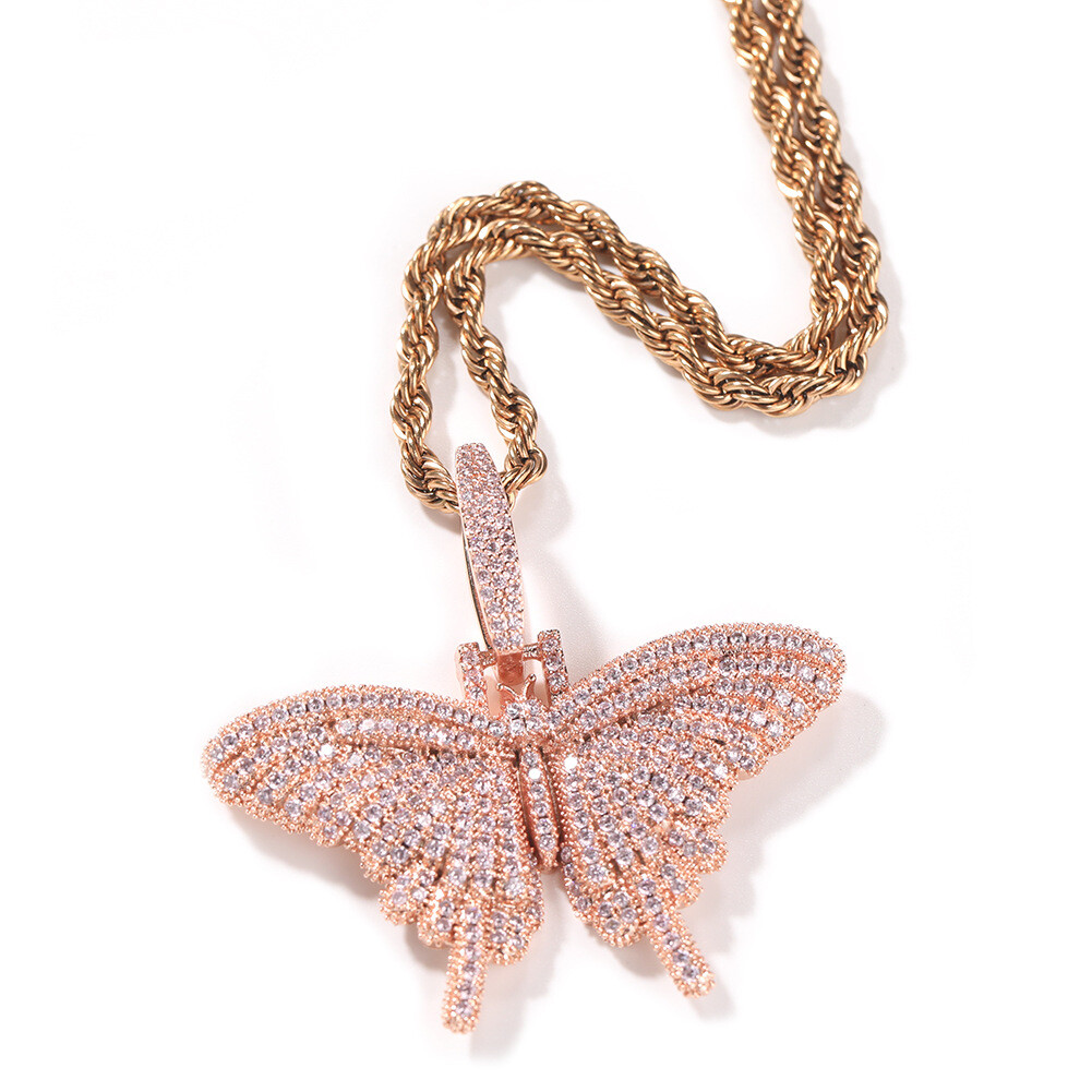 14k Gold Plated Pendant Butterfly White Gold Iced CZ Out Stainless Steel Chain
